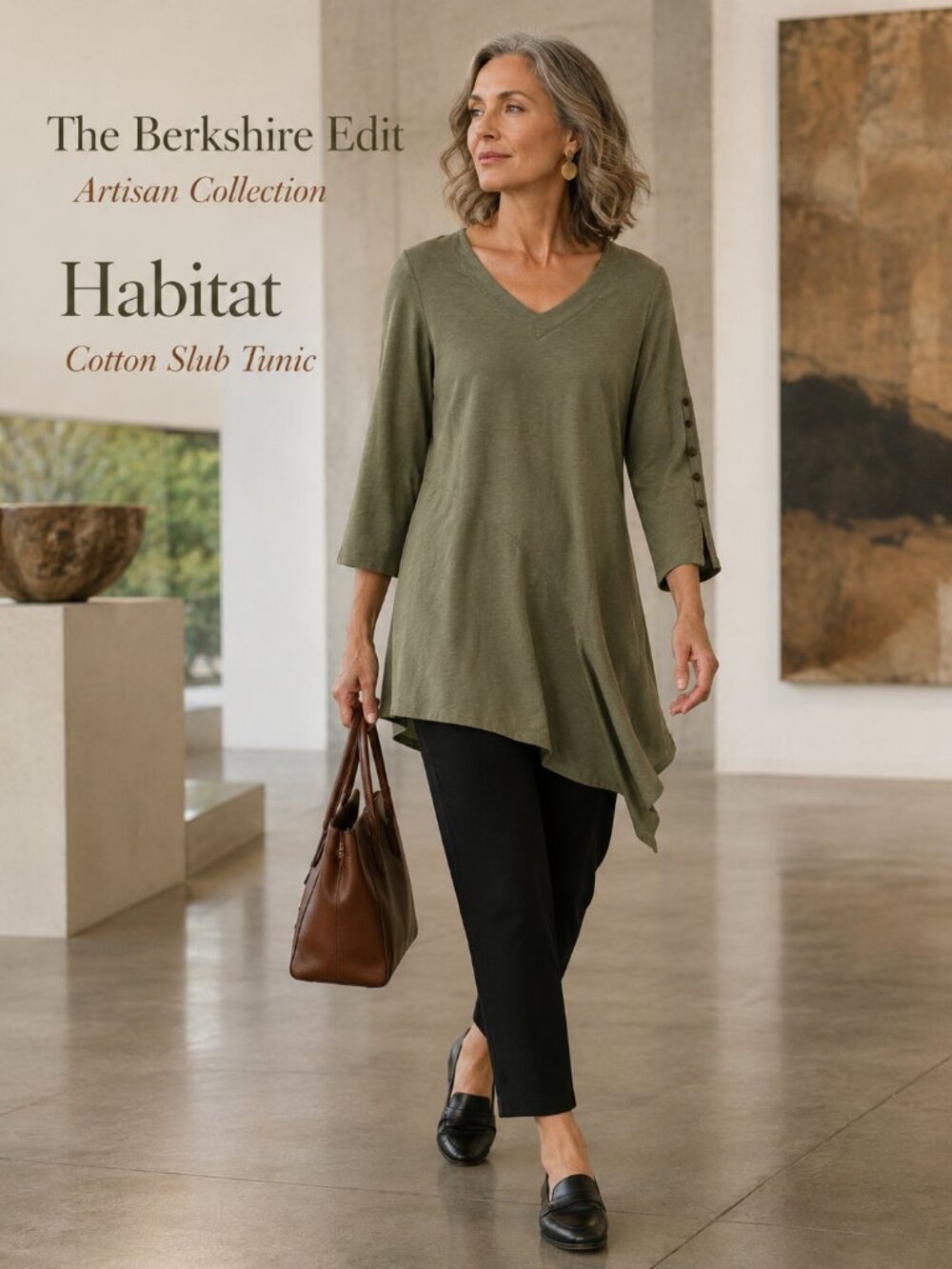 Habitat Clothes To Live In Olive Cotton Slub Asymmetrical Tunic Top M Lagenlook